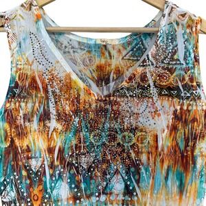Reba Womens Abstract Tribal Print Rhinestone Western Sleeveless Maxi Dress SZ L